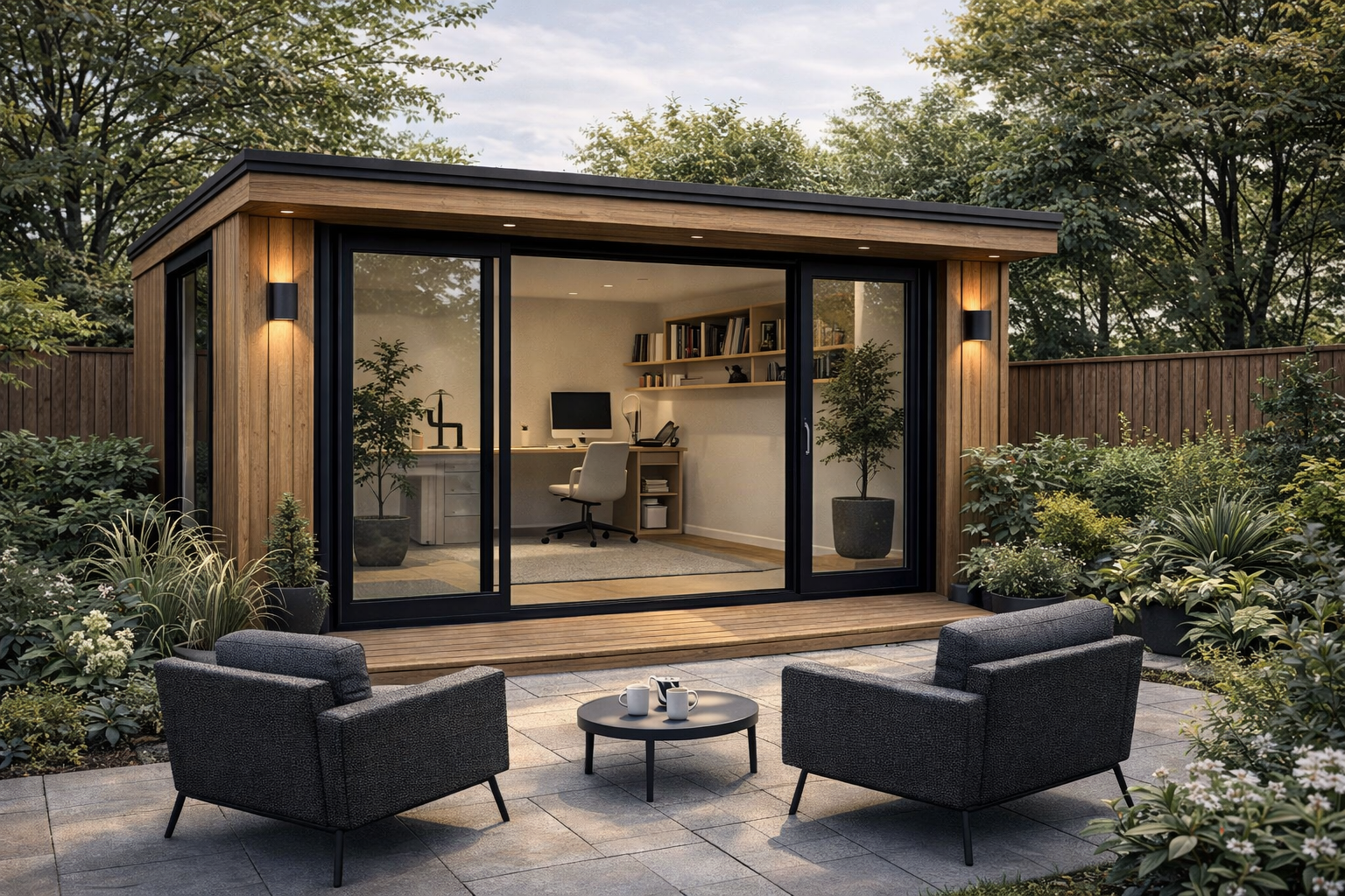 Garden room studio exterior with glazing