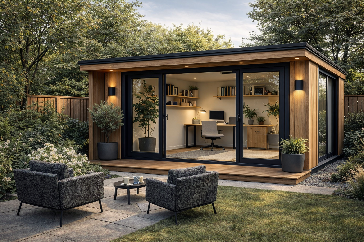 Garden room arranged as a practical office space